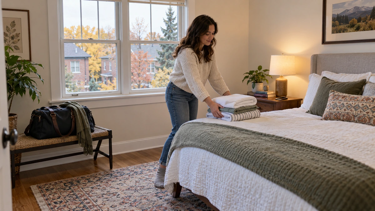 Prepare for the first night A resident places folded towels on a bed beside a personal overnight bag in a Colorado-style bedroom.