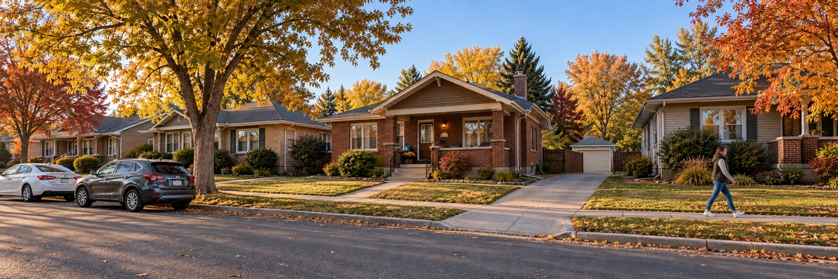 An autumn neighborhood in Colorado A resident walks along a tree-lined sidewalk past brick porch homes in a Colorado-style neighborhood.