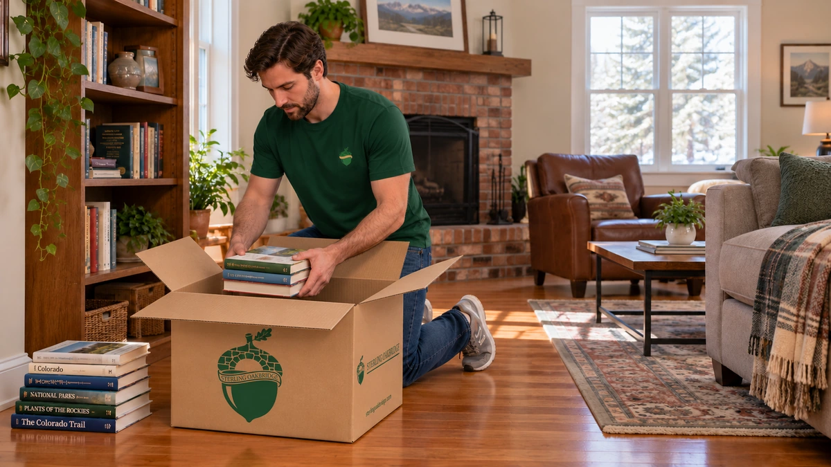 Packing books for the move A mover kneels beside a bookcase and lowers a supported stack of books into an open compact carton.