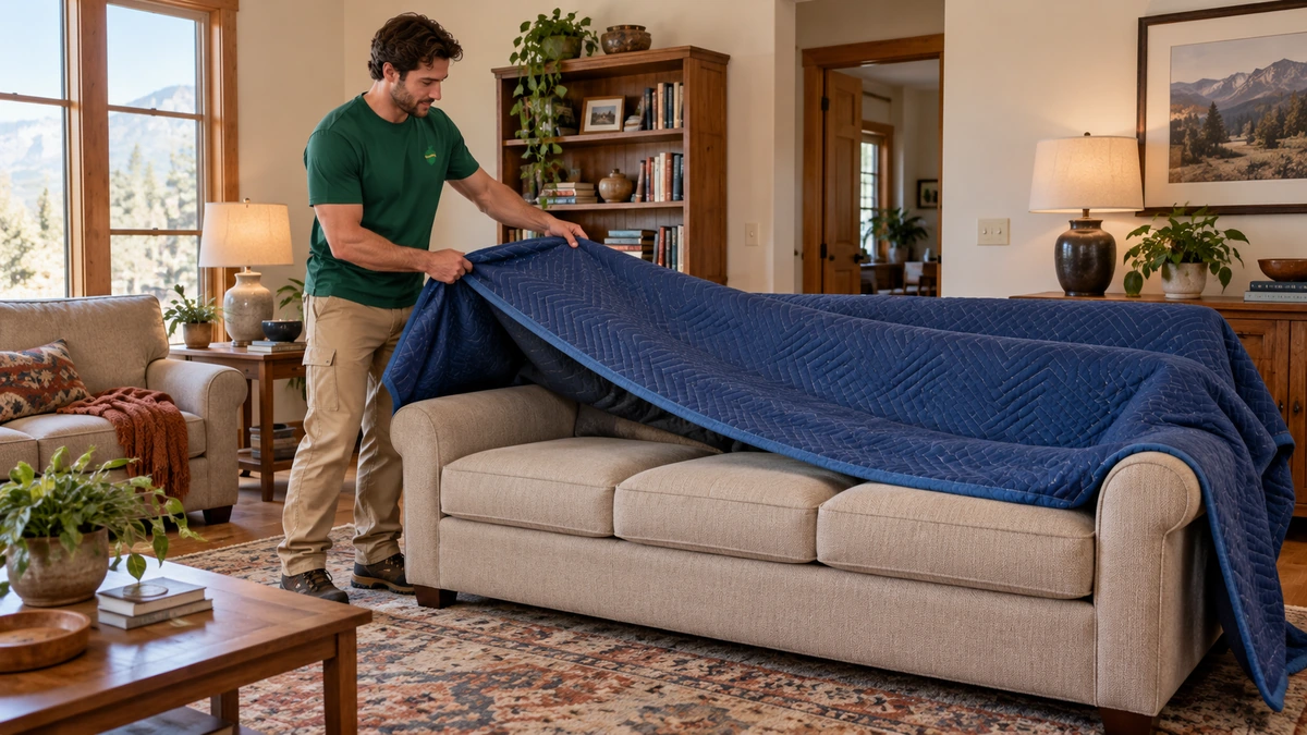 Unwrapping the sofa at delivery A mover lifts a loose quilted blanket from a sofa after delivery in a furnished living room.