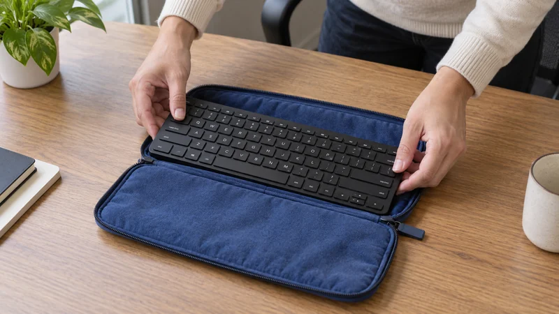 Group the employee's own keyboard before shared packing Employee places a personal keyboard into a supported padded sleeve
