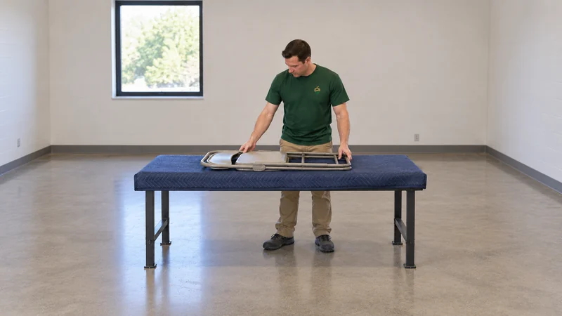 Check the selected folding construction before handling Mover checks a supported folded chair before completing protection