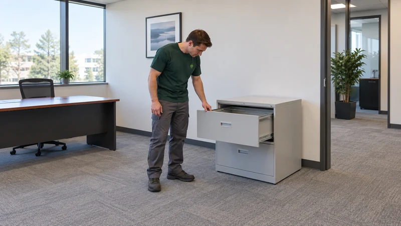 Release shared contents before furniture handling Mover checks an empty shared filing drawer before handling