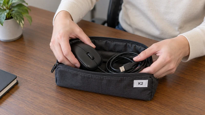 Keep personal accessories with their destination owner Employee groups a mouse and its cable in a destination-tagged pouch