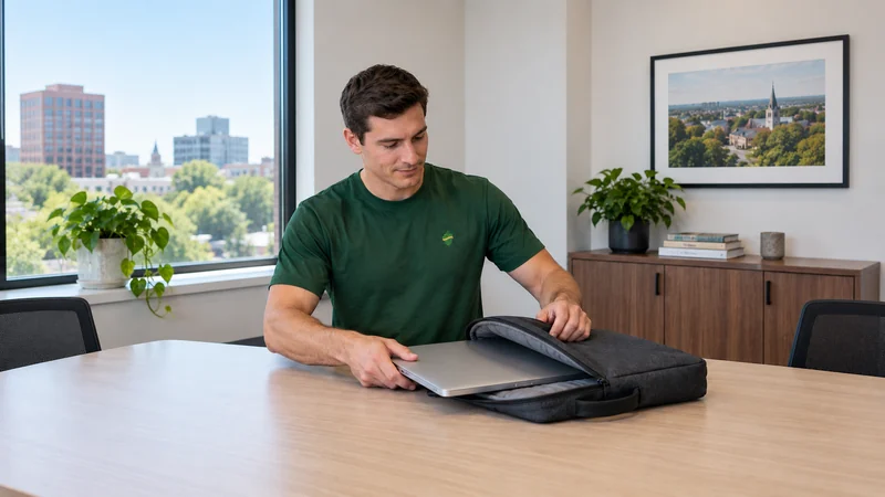 Prepare portable equipment after technical release Mover prepares a released closed laptop in a padded carrying bag