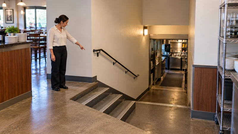 Inspect the actual lower-level route Restaurant employee reviews an illustrative stepped route before equipment handling