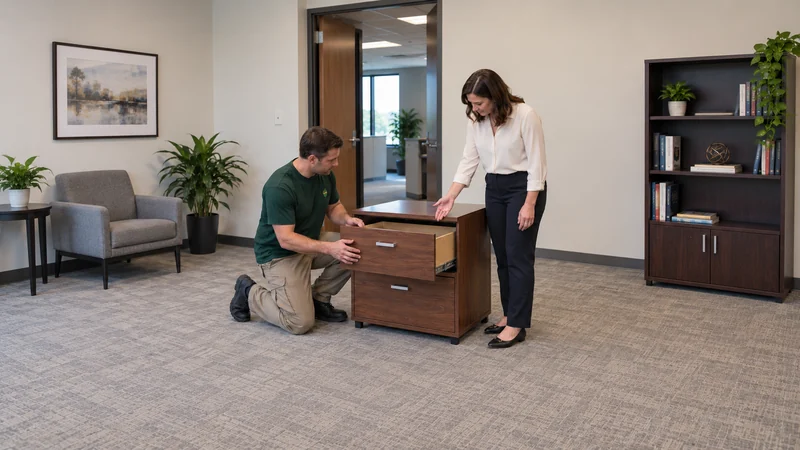Release the file cabinet before handling it Mover and employee check an emptied file cabinet before preparation