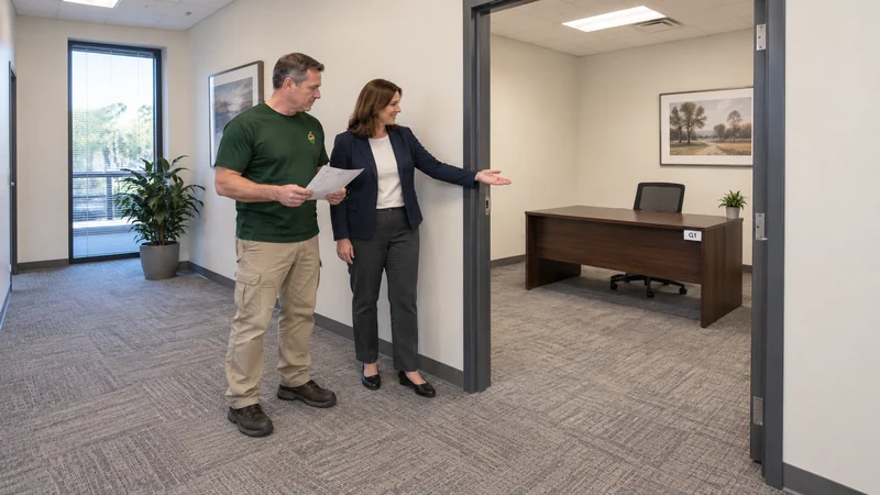 Confirm the receiving suite and its responsible contact A moving coordinator and property representative check a desk receiving position in an office suite