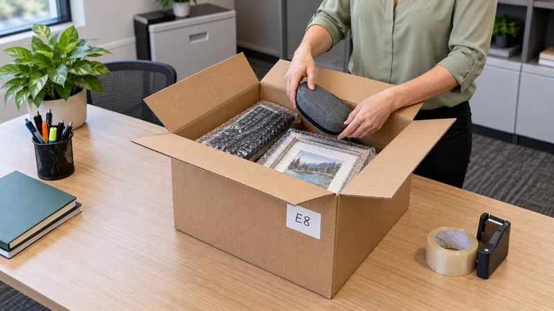 Keep an employee’s desk contents in one identified group Employee packs desk accessories into an open labelled carton before sealing