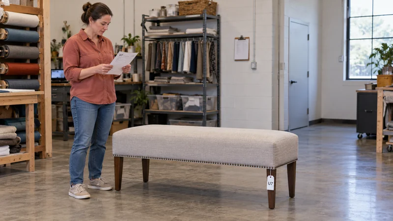 Check the customer piece before releasing its return Furniture workroom representative checks a finished bench and its return assignment