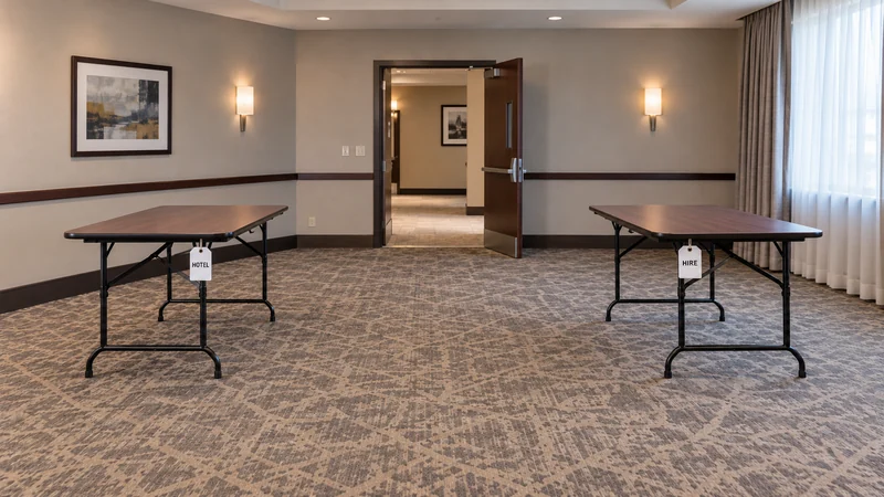 Distinguish hotel furnishings from hired event inventory Hotel and hired portable event tables identified separately before room clearance