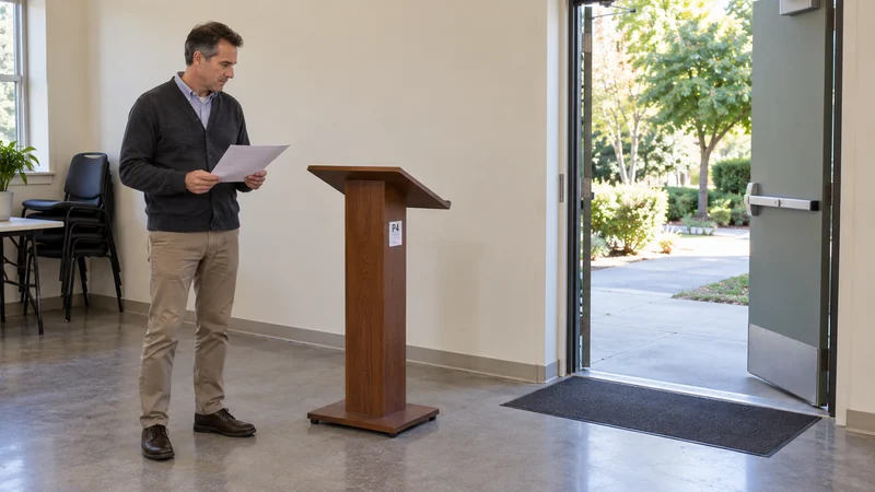 Confirm a handling entrance separately from the street address Program coordinator checks an ordinary lectern receiving position beside a clear entrance