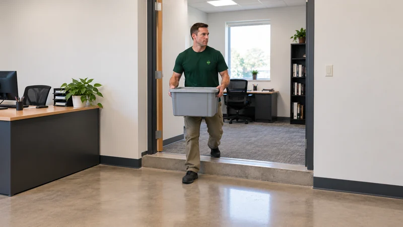 Carry the selected small group over its actual threshold Mover carries a prepared small office group over a short threshold