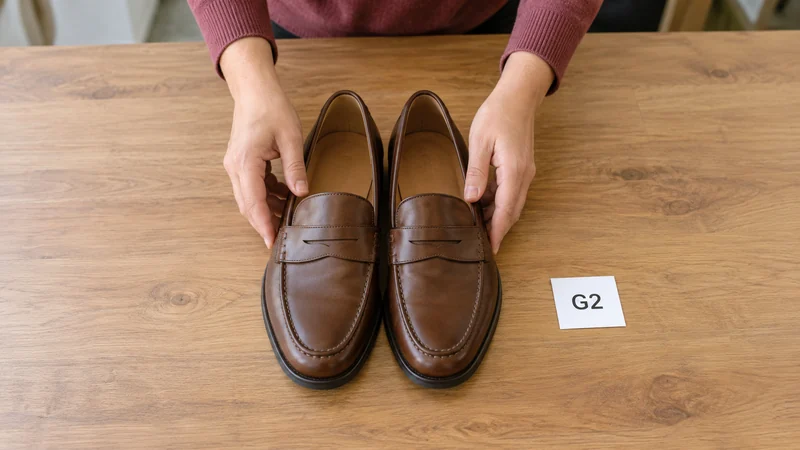 Select the shoe pair before packaging Store employee groups a selected pair of shoes with its stock identifier