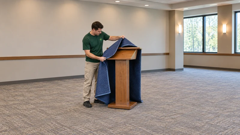Unwrap the portable lectern at the agreed receiving position Mover unwraps a delivered portable lectern in its receiving position