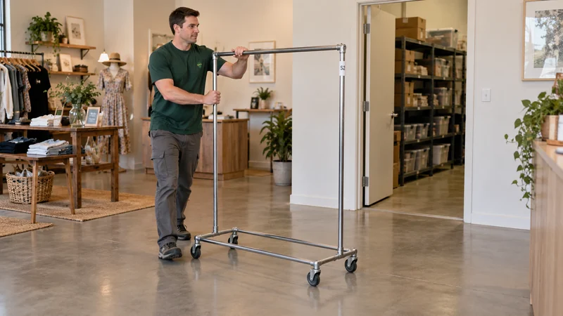 Use the fixture’s own casters only on the reviewed level route Mover guides an empty garment rack on its own casters through a clear shop route
