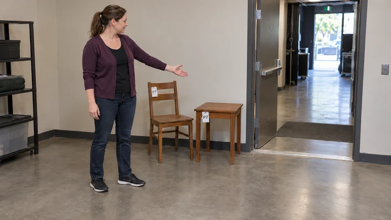 Release ordinary props separately from technical production work Production representative identifies ordinary prop furniture beside a clear entrance