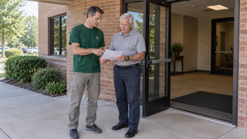 Release the actual entrance before dispatch A mover and property representative review the release beside a clear open business entrance