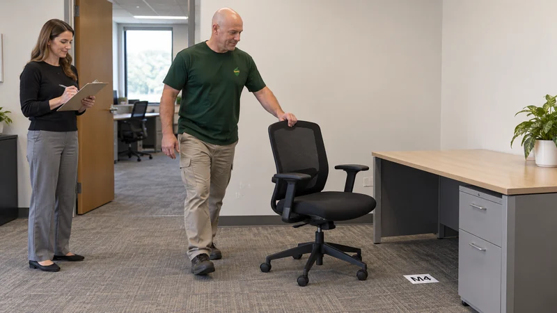 Roll a suitable chair to its receiving position A mover rolls an intact office chair on its own casters while the coordinator checks its destination