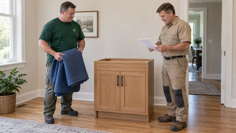 Check delivered goods before the installer handoff A mover and contractor check the physically delivered cabinet before the installation handoff