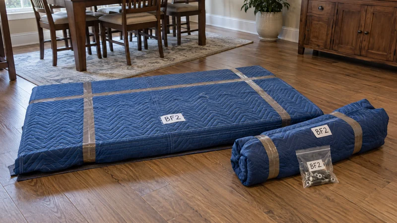 Keep detachable dining components as one return group A protected table top and one identified bundle of detached legs are prepared for a later return