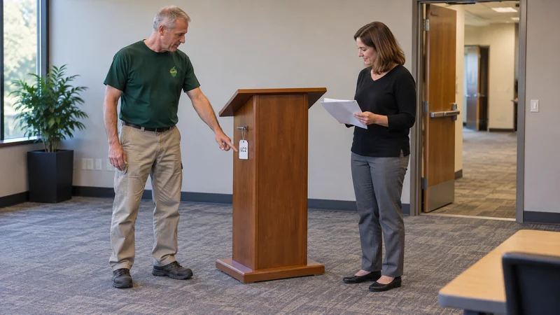 Approve event placement before venue systems work An event coordinator reviews a freestanding lectern in its approved position before the room opens