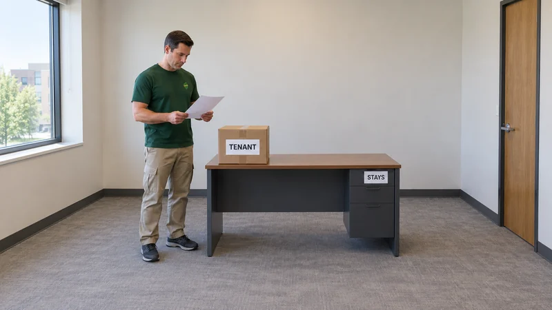 Distinguish the tenant inventory from supplied office furniture Coordinator checks a tenant carton while provider furniture remains in place