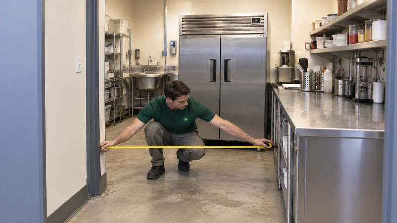 Measure the present equipment exit beside a fixed counter Mover measures a narrow counter-side route beside stationary equipment
