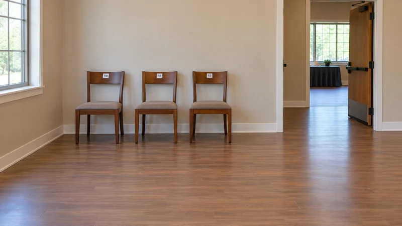 Keep an ordinary event-room holding group beside a clear return route Ordinary event chairs grouped at a side holding position beside a clear route