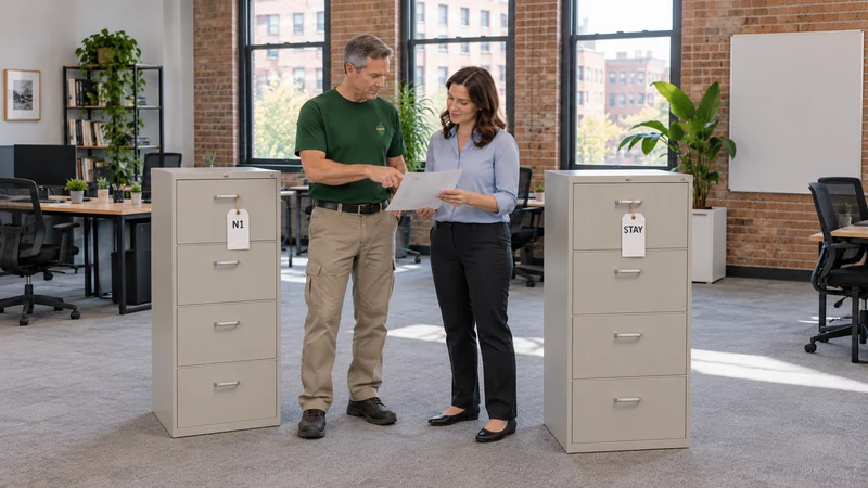 Separate released furniture from host property A mover and business owner compare move and stay identifiers on office cabinets