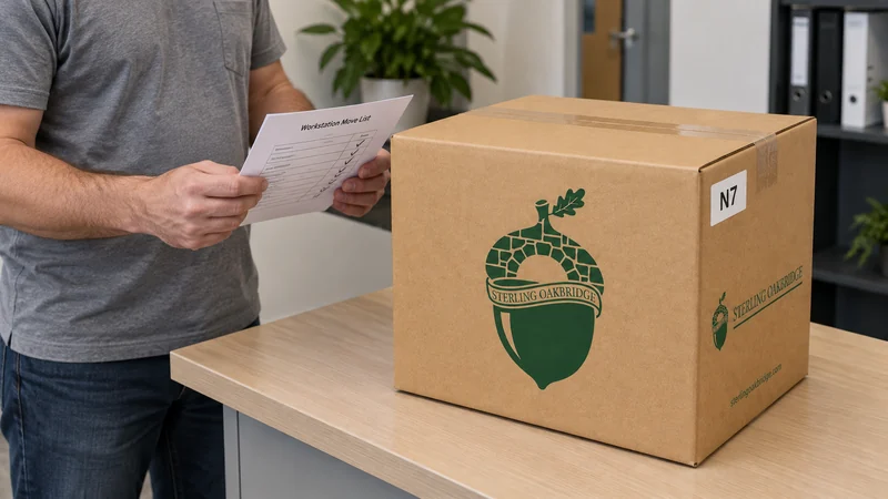 Finish a workstation carton with its destination already marked An employee checks the completed destination label on a sealed workstation carton