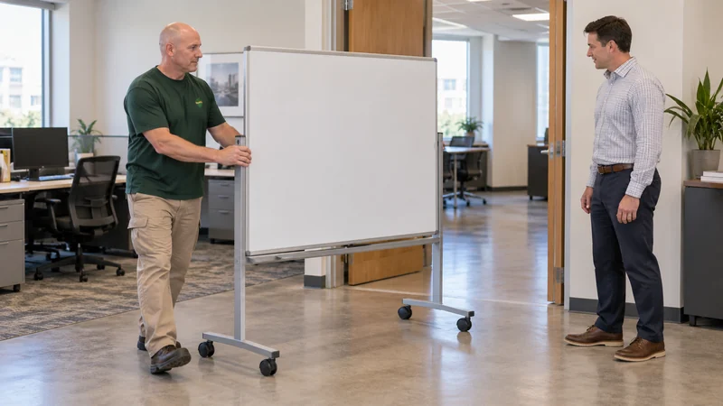 Move an intact mobile board on a reviewed level route A mover rolls an intact mobile whiteboard toward its receiving position