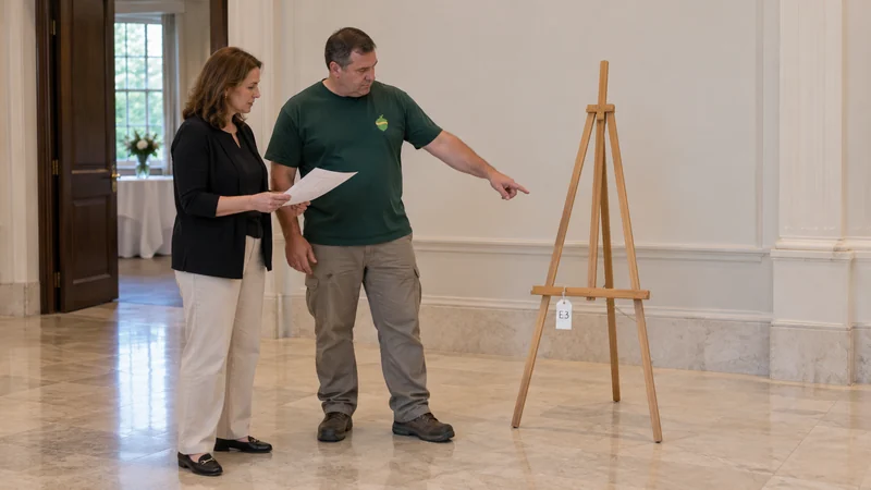 Place ordinary event display without attaching it to the venue An event coordinator checks an ordinary freestanding easel and its return identifier