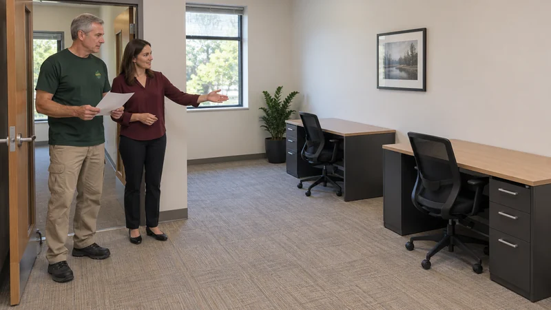 Review the receiving room before the move is released A mover and business coordinator review empty receiving desks and a clear office route