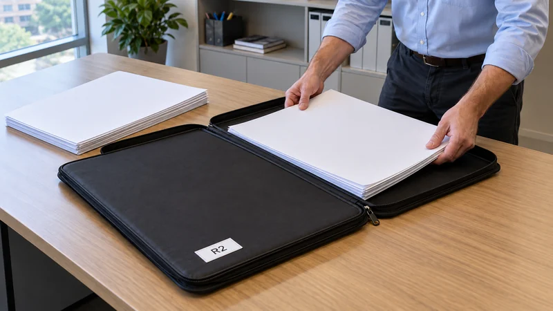 Keep architectural drawings in their released project group An employee keeps large project drawings flat and ordered in a labelled rigid portfolio