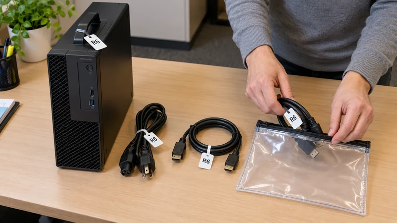 Keep the transport group distinct from the IT handoff Disconnected office computer and matching cables being grouped before transport protection