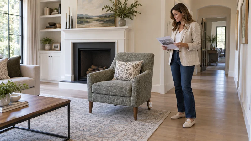 Confirm the designer placement before installation continues An interior designer reviews an unpacked lounge chair at its assigned receiving position