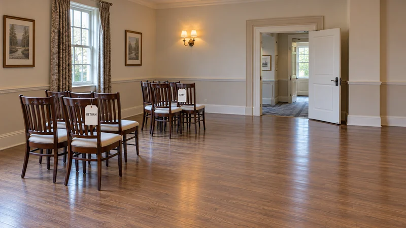 Separate event furniture that moves from furniture that stays Banquet chairs separated into return and stay groups before room clearance