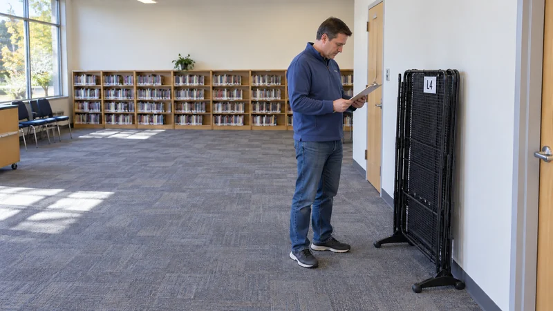 Keep temporary program clearance inside its agreed holding area Library program coordinator checks a folded display rack held aside for later return