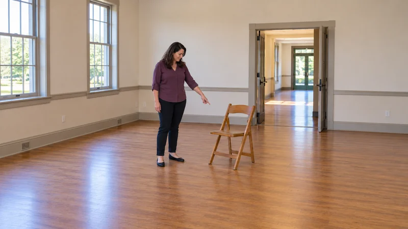 Venue organizer reviews a portable meeting chair and its position