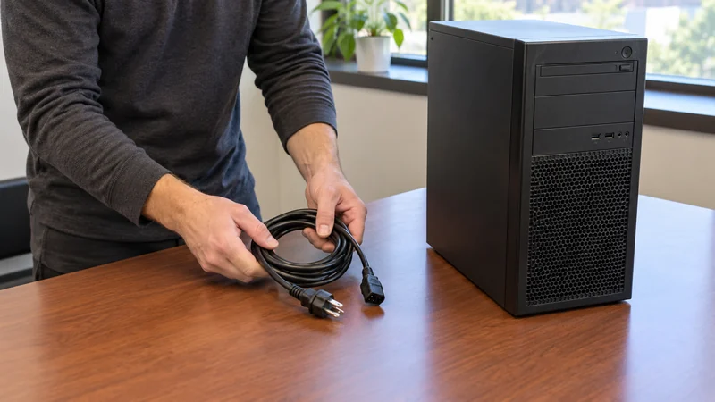 Release cables before physical preparation IT employee groups the disconnected cable beside a released tower