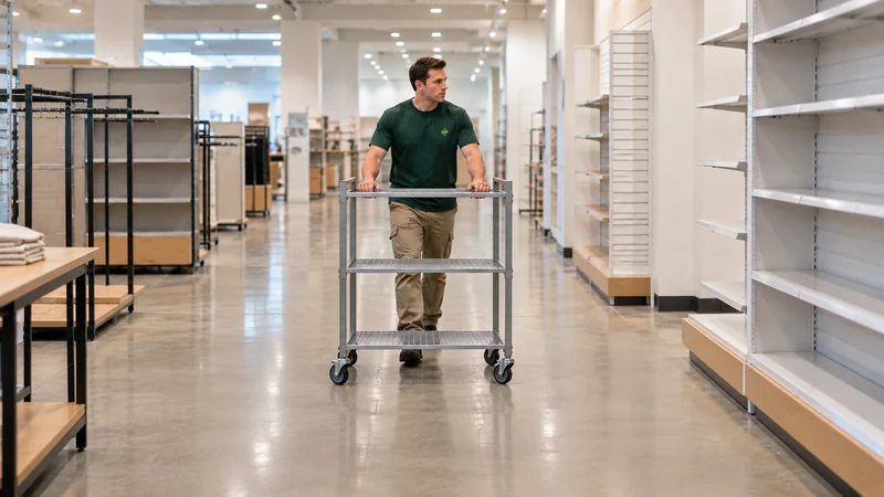 Move only the released mobile fixture Mover guides a released empty rack on its own casters