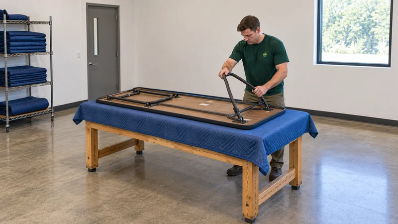 Review folding construction before preparation Mover prepares an ordinary folding table on a fully supported padded bench
