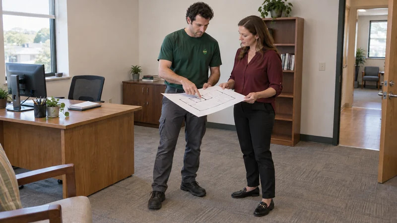 Coordinate the receiving layout A mover and team lead check which office contents belong in the receiving layout