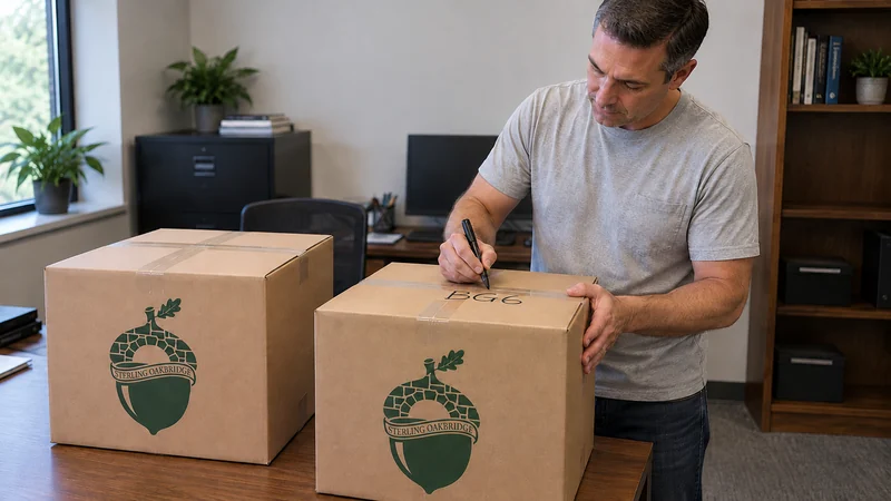 Employee destination labeling An employee labels sealed desk cartons for destination BG6