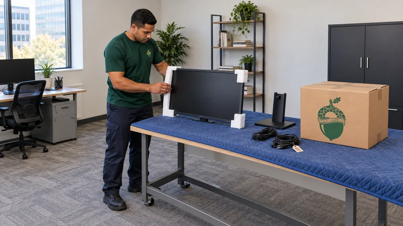 Equipment and accessories remain identifiable A mover prepares a supported powered-off monitor and its identified accessories