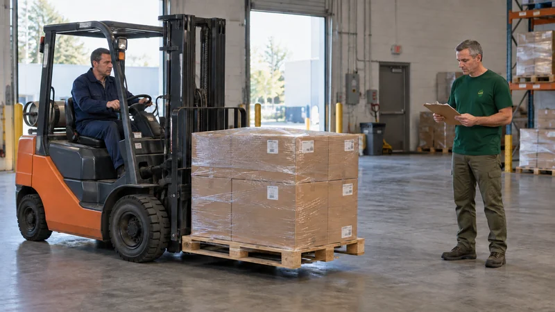 Customer loads suitable palletized stock A customer forklift operator supports prepared stock while the driver checks the shipment