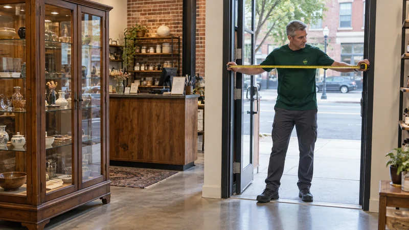 Current fixture extraction route A mover checks a storefront doorway beside a stationary display cabinet