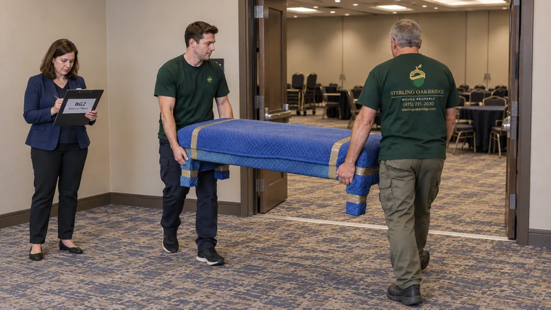 Temporary placement has a planned return Two movers carry protected event furniture while the organizer checks its receiving identifier