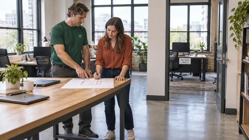 Coordinate the receiving layout A mover and operations lead align a receiving layout before an office phase begins